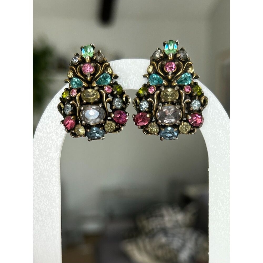 1950s Signed Hollycraft Pastel Rhinestone Clip On Earrings